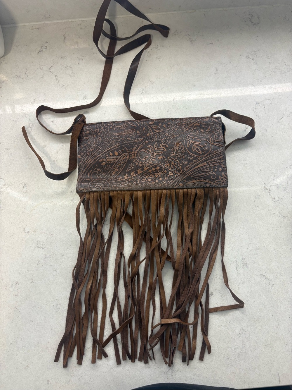 Brown Tooled Leather Shoulder Bag with Fringe and Paisley Embossing